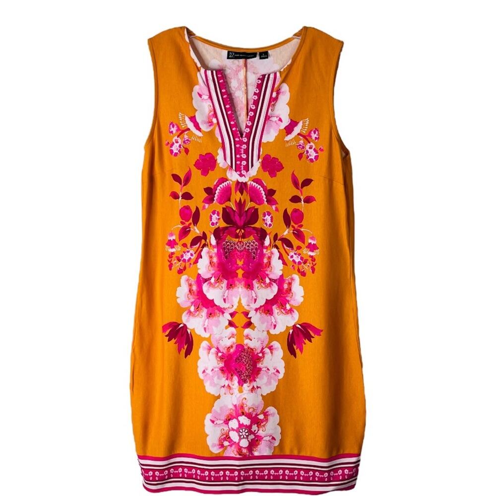 NY & Co orange pink floral tropical stretchy sheath dress large